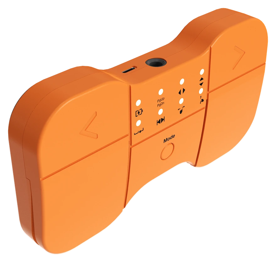 FLUX angled view showing both footswitches, mode button and connection edge