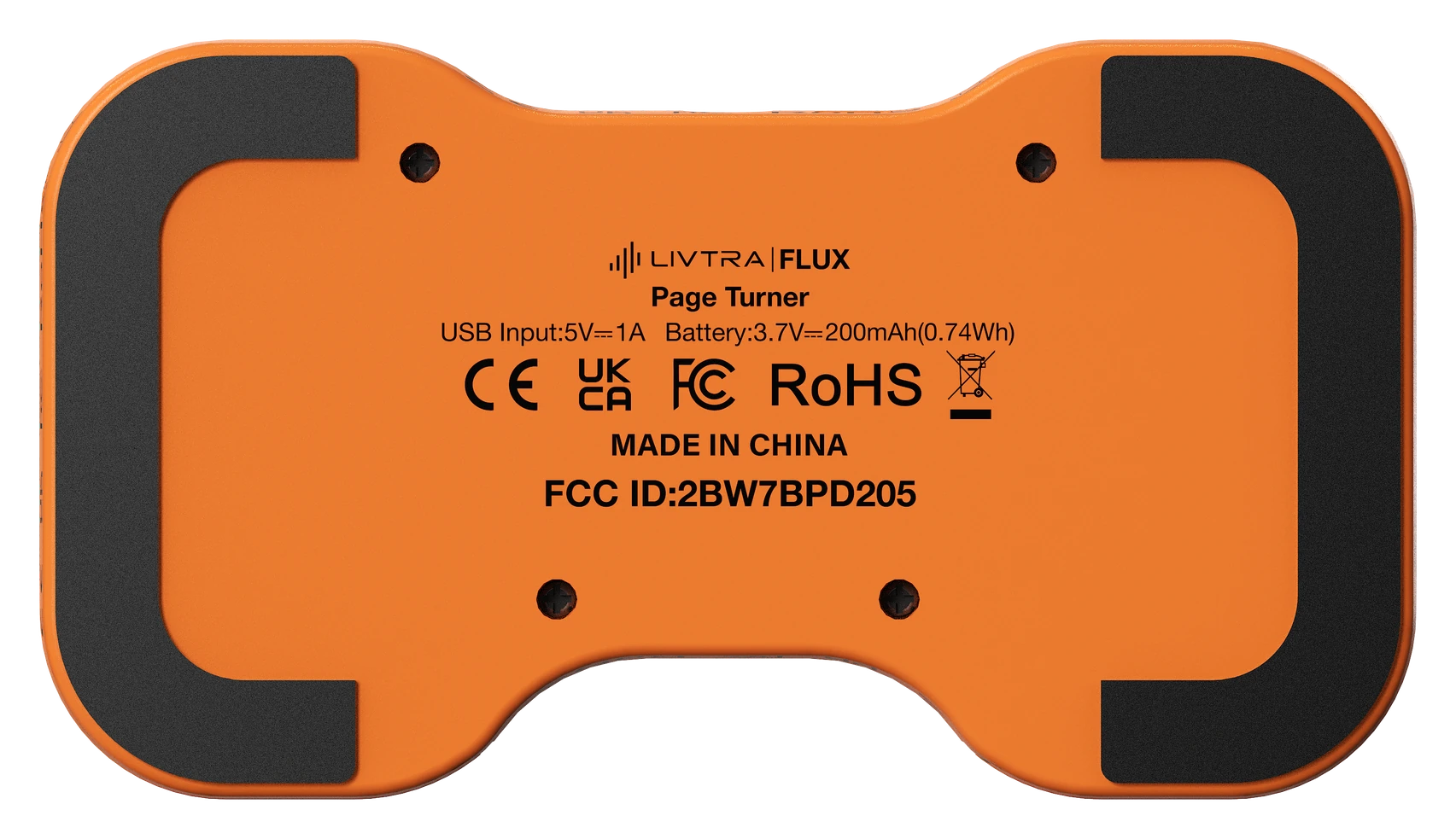 FLUX underside with dark contact pads and product label