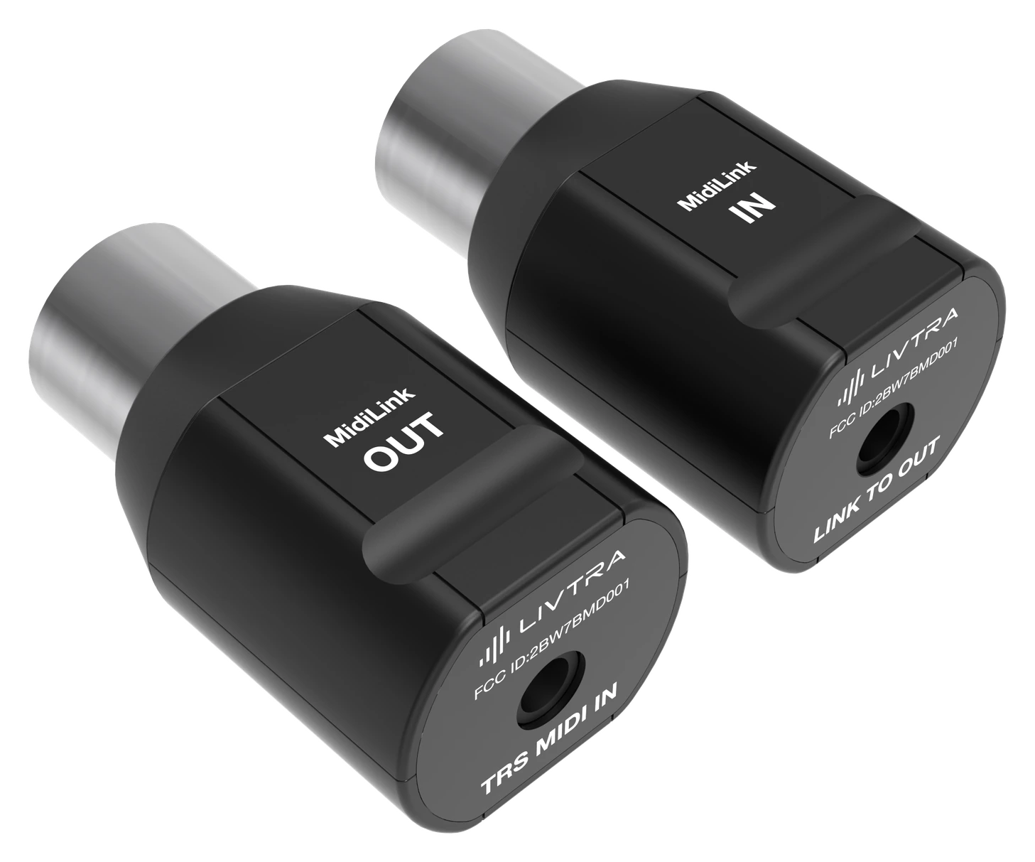 MidiLink IN main adapter and OUT auxiliary adapter, angled view